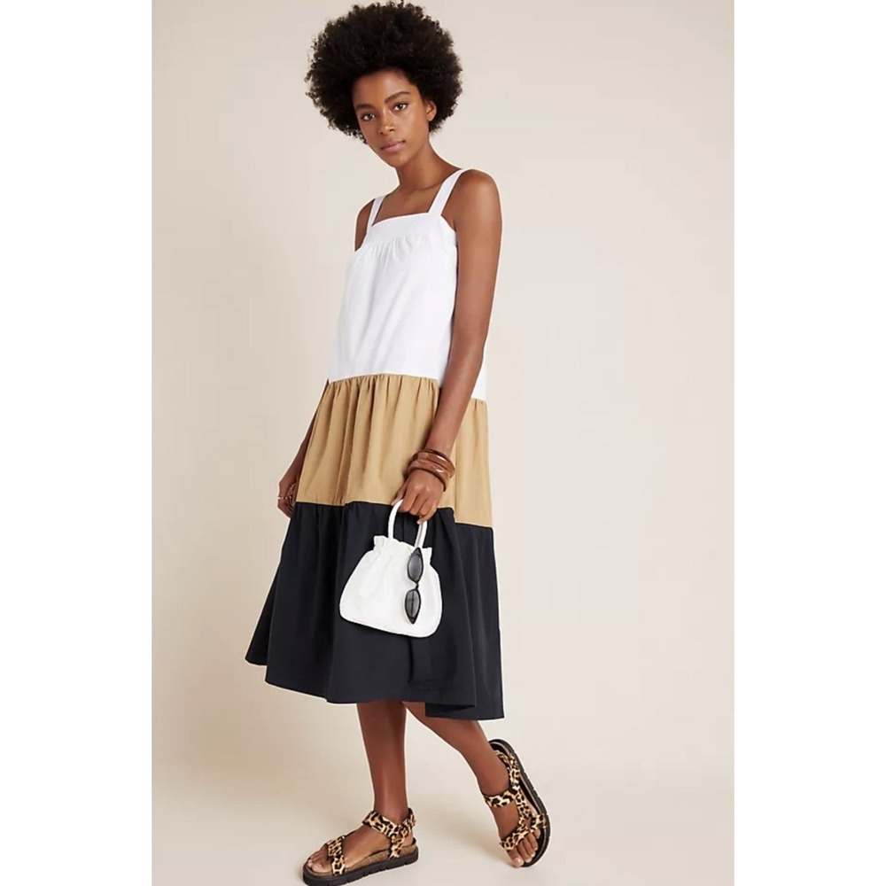 Maeve‎ Meriah Colourblocked Tiered Midi Dress Sz M Neutral Motif
